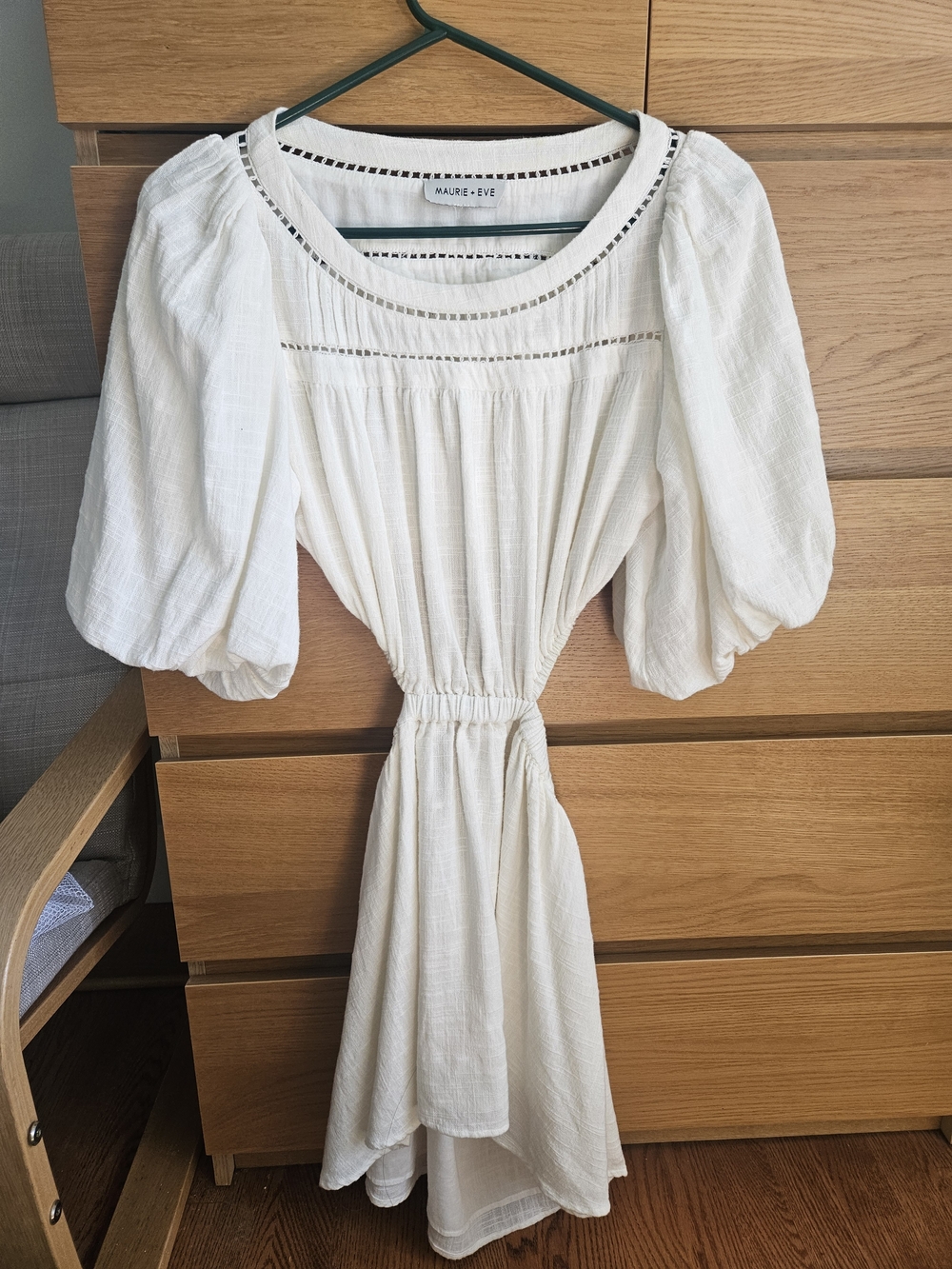 Maurie + Eve White Puff-Sleeve Mini Dress with Cutwork Yoke